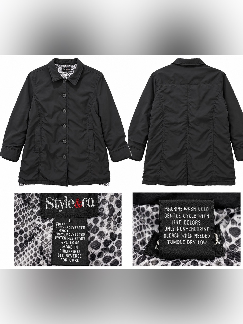 Style & Co. Black Water-Resistant Button-Front Jacket — Size L